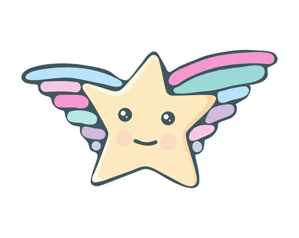 Kawaii star vector. Cute cartoon star with wings and smile. Cute star illustration for kids. Design children, stickers. Baby shower little stars in kawaii style. — Stockvector