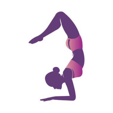 Yoga yapan güzel kadın. Kız bir akrep yoga poz yok. Asana Vrishchikasana. Degrade düz tarzı genç kız ile Spor vektör illüstrasyon. Sağlıklı ve sağlıklı yaşam tarzı.