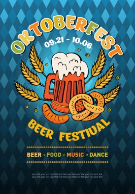 Festival Oktoberfest için vektör Afiş. Alman geleneksel bira festivali. Lager Bira kraker, sosis ve mavi ve beyaz Bavyera bayrak arka plan üzerinde buğday.