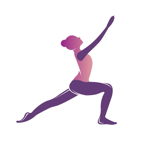 Schöne Frau praktiziert Yoga. Mädchen tun Yoga-Pose Krieg. asana virabhadrasana. Sport Vektor Illustration mit jungen Mädchen im flachen Gradienten-Stil. — Stockvektor