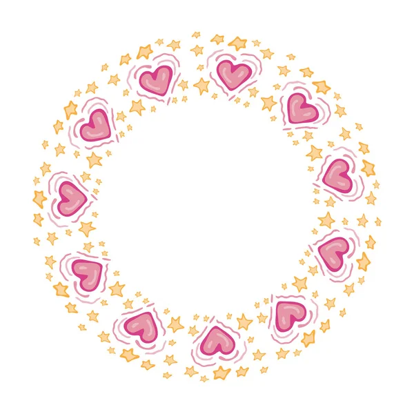 Moldura redonda coração rosa e estrela em vetor com espaço vazio para texto. Desenhado estilo Doodle bonito. Amor, conceito de romance. Bela bandeira para redes sociais, site, cartão de saudação . — Vetor de Stock