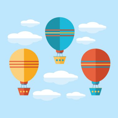 Düz bir vektördeki simgeler kümesi. Sarı, mavi ve kırmızı hava balonu, bulutlar arasında gökyüzünde uçan aerostat. Hava taşımacılığı ile seyahat. Yalıtılmış nesneler