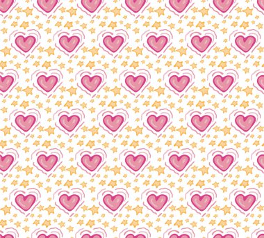 Dikişsiz pembe kalp ve yıldız deseni. Doodle tarzında sevimli arka plan çizilmiş. Vektör yinelenen doku. Kumaş tasarımı, tekstil, ambalaj için,