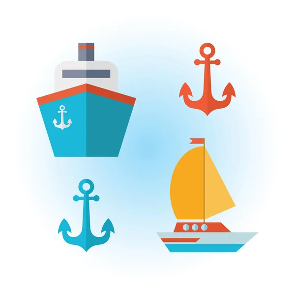 平らなベクトルの海運のアイコンのセット。ヨット、ボート、ヨット、アンカー、クルーズフェリー、船。航海。分離されたオブジェクト — ストックベクタ