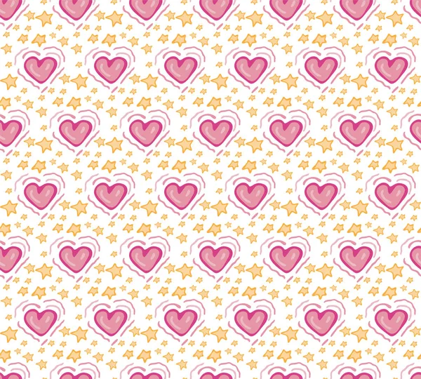 Corazón rosa sin costuras y patrón de estrellas. Fondo lindo dibujado en estilo Doodle. Vector que repite la textura. Para el diseño de la tela, textiles, embalaje , — Archivo Imágenes Vectoriales