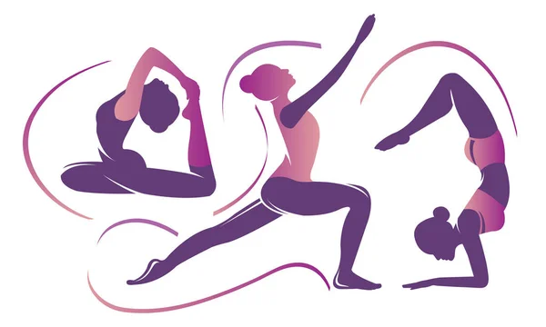 Verschiedene Yoga-Asanas. schöne Frauen praktizieren Yoga-Übungen in verschiedenen Posen isoliert auf weißem Hintergrund. Sport-Vektor-Illustration mit jungen Mädchen im flachen Stil. — Stockvektor