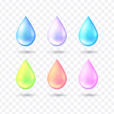 Vektör çok renkli gerçekçi tarzı su damla kümesi. 3d gerçekçi vektör illüstrasyon. Mavi, turkuaz, pembe, şeffaf arka plan üzerinde izole etkileri ile yeşil Glitter su damla.