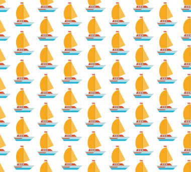 Düz vektörde deniz dikişsiz desen. Yat, tekne, yelkenli, gemi. Deniz taşımacılığı ile seyahat. Ambalaj, kumaş, tekstil için parlak, renkli arka plan.