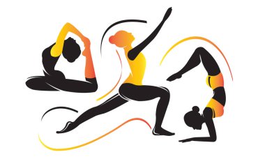 Farklı yoga asanas seti. Güzel kadınlar farklı pozlar beyaz arka plan üzerinde izole yoga egzersizleri uygulama. Düz tarzda genç kız ile Spor vektör illüstrasyon.