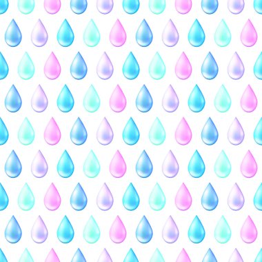 Dikişsiz desensu su damlası. 3d gerçekçi vektör illüstrasyon. Çok renkli gerçekçi tarzı su damlası. Yağmur damlası ile arka plan. Pastel renk pembe, mavi ve yeşil.
