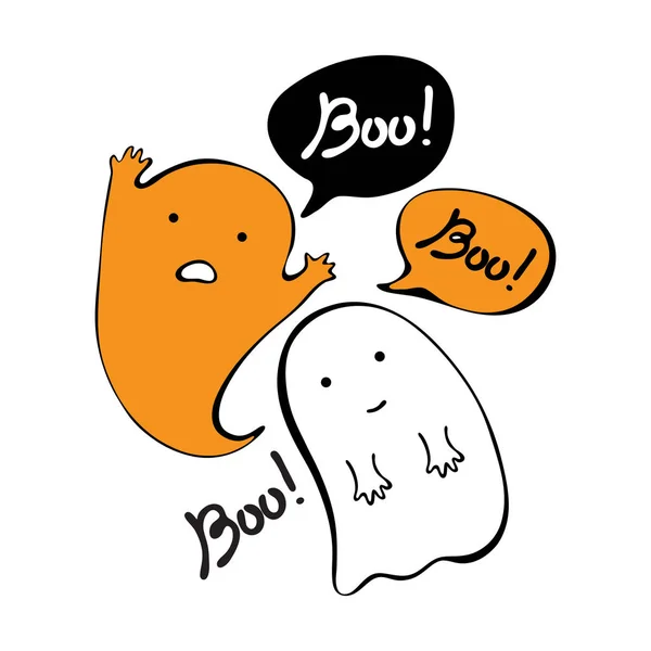 El espíritu fantasma volador sostiene dice Boo. Feliz Halloween. Espantosos fantasmas blancos. Lindo personaje espeluznante de dibujos animados. Cara sonriente, manos. Doodle. . — Archivo Imágenes Vectoriales