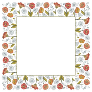 Beyaz arka plan üzerinde gerbera çiçek Çiçek kare çerçeve. Yapraklar, saplar, tomurcuklar el renkli ve siyah beyaz çizgi çizilmiş. Vektör süsleme Botanik illüstrasyon. Gerçekçi