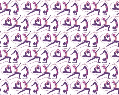 Farklı yoga asanas Dikişsiz vektör deseni. Güzel kadınlar farklı pozlar yoga egzersizleri uygulama. Düz tarzda genç kız ile Spor vektör illüstrasyon.