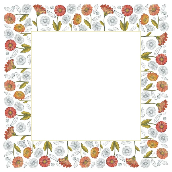 Cornice quadrata floreale di fiori di gerbera su sfondo bianco. Foglie, steli, boccioli disegnati a mano a colori e in linea bianca e nera. Ornamento Illustrazione botanica in vettore. Realistico — Vettoriale Stock