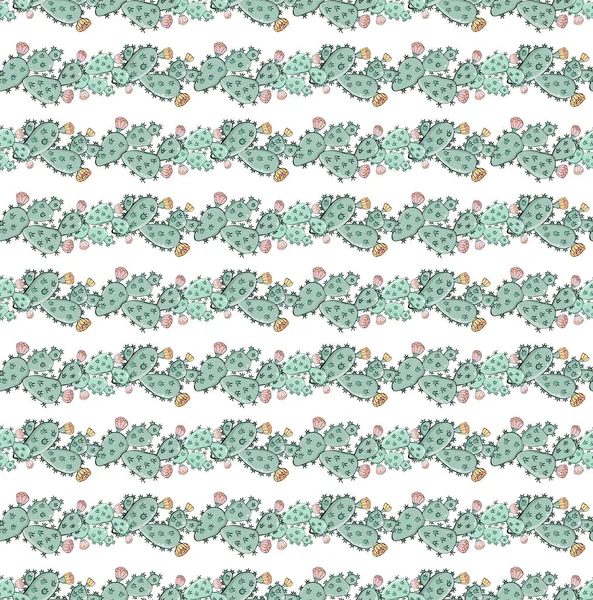 Seamless colored background in hand drawn cactus with flowers and spikes. Isolated vector object. Exotic Prickly Pear. Cacti ornament. Handmade cute baby style. For wrapping paper, textiles, — Stock Vector