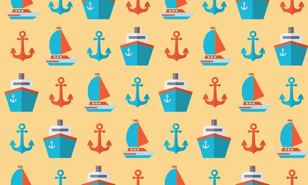 Marine seamless pattern in flat vector. Cruise ship, anchor, yacht, boat, sailboat, ship. Travel by sea transport. Seamless pattern can be used for wallpaper, pattern fills, web page — Stock Vector
