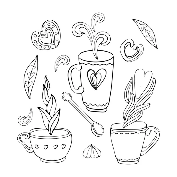 Vektor-Sammlung von Doodle-Tee und Kaffee Hand in Umriss gezeichnet. Teezeit Elemente Sammlung. Set von Tee- und Kaffeesymbolen. Tasse, Becher, Löffel, Dessert, Kekse, Souffleuse, Süßigkeiten, Herz. Jahrgangsstil. — Stockvektor