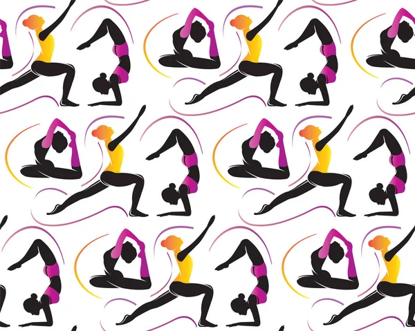 Nahtlose Vektormuster verschiedener Yoga-Asanas. schöne Frauen praktizieren Yoga-Übungen in verschiedenen Posen. Sport-Vektor-Illustration mit jungen Mädchen im flachen Stil. — Stockvektor
