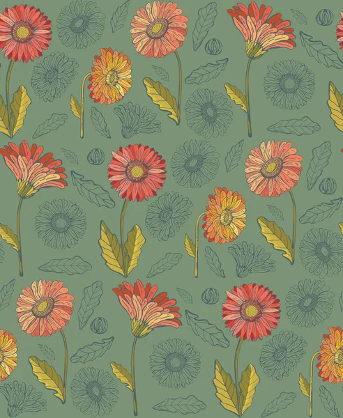 Sömlösa mönster av Gerbera blommor. Vintage stil. Handritade botaniska vektor illustration. Bra design för utskrift, vykort, — Stock vektor