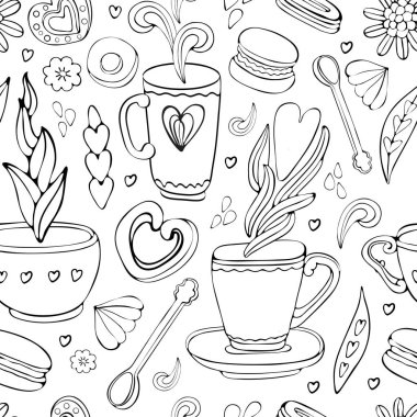 Doodle çay ve kahve el dikişsiz desen anahat çizilmiş. Çay saati elemanları. Fincan, kupa, kaşık, tatlı, kurabiye, sufle, tatlılar, kalp. Vintage tarzı. Birçok sembol, nesne