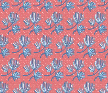 Çam ve ladin dallarının dikişsiz vektör deseni. Kırmızı arka plan üzerinde kar ile el çizilmiş kış deseni. Ambalaj kağıdı. Noel ve yeni yıl tasarımı.