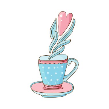 El çizilmiş kahve ve çay bardağı vektör illüstrasyon. Espresso, kapuçino, latte, İrlanda, mocha. Vektörbeyaz arka plan üzerinde yalıtılmış nesne. Pastel pembe ve mavi renkler.