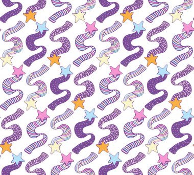 Dikişsiz desen karikatür çekim yıldız. Çocuk doodle tarzı. Vektörde kuyruğu olan uçan kuyruklu kuyruklu yıldız. Renkli yıldızlı gökyüzü arka plan çekim yıldız, kozmosun.