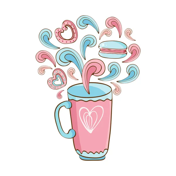 Mão desenhado café e chá copo vetor ilustração. Espresso, cappuccino, latte, irlandês, mocha. Objeto isolado sobre fundo branco em vetor. Cores rosa e azul pastel . — Vetor de Stock