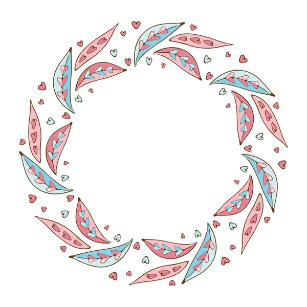 Στρογγυλό πλαίσιο floral μοτίβο σε λευκό φόντο. Φύλλα και καρδιά στο διάνυσμα. Χειροποίητη μορφή. Vintage μπλουζ και Πινκς. — Διανυσματικό Αρχείο