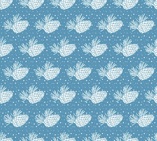 Naadloos vector patroon met dennen, coniferen, ceder kegels en takken en vallende sneeuw. Hand getekende vector illustratie op blauwe achtergrond. Forest vintage stijl. — Stockvector