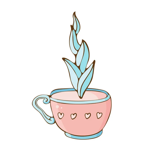 Illustrazione vettoriale di caffè e tè disegnato a mano. Espresso, cappuccino, latte macchiato, irlandese, moka. Oggetto isolato su sfondo bianco in vettore. Colori rosa pastello e blu . — Vettoriale Stock