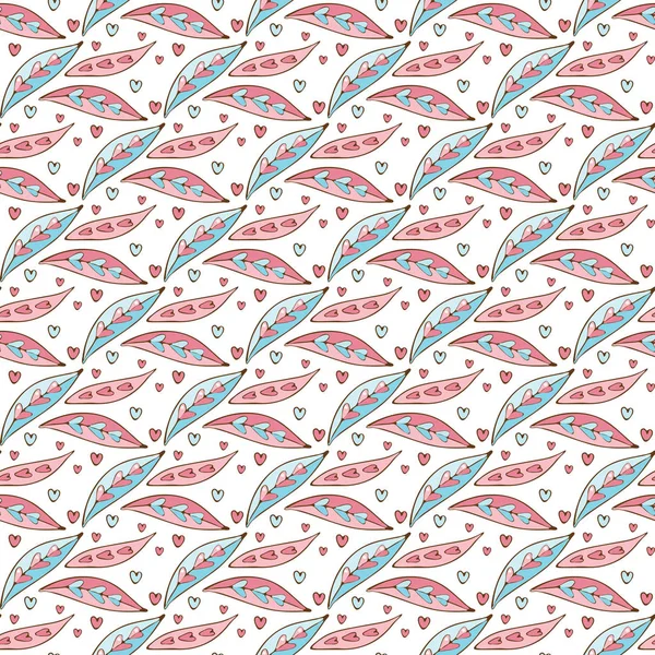 Padrão floral sem costura no fundo branco. Folhas e coração em vetor. Estilo Doodle desenhado à mão. Azul e rosa vintage . — Vetor de Stock