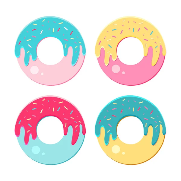 Set de vectores Donut aislados sobre un fondo blanco. Colección de rosquillas dulces con esmalte brillante y multicolor. Iconos modernos en un vector plano . — Vector de stock