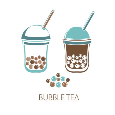 Kabarcık Çayı, İnci süt lü, siyah beyaz inci. Tayvan içkisi. Tapyoka. Vektörbeyaz arka plan üzerinde yalıtılmış nesne. Simge çay içeceği.