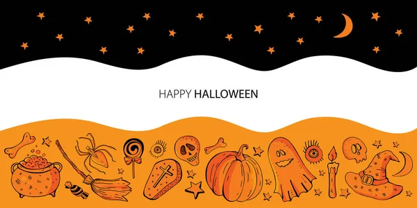 Halloween banner háttér. Vector karikatúra narancs és fekete, meg a vektor elemek Halloween. Szellemek, sütőtök, koponya, kalap, édességek, pók, seprű és boszorkánykalap. — Stock Vector