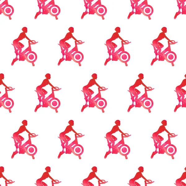 Zökkenőmentes minta edzés a tornateremben. Nő vonatok álló kerékpáros. Sport életmód. Akvarell illusztráció aktív lány. — Stock Fotó