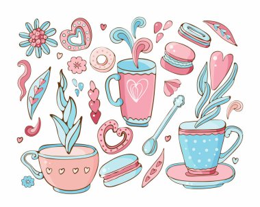 Doodle çay ve kahve vektör koleksiyonu. Çay saati elemanları toplama. Simgeler tatlılar, kurabiye, donut, marshmallow, makarna, yukarı, tatlı, vektör içinde sufle ayarlayın. Elle çizilmiş