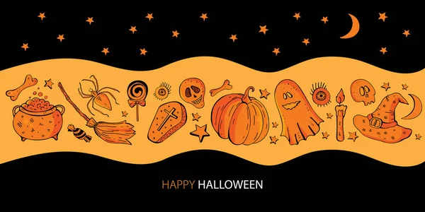 Halloween banner háttér. Vector karikatúra narancs és fekete, meg a vektor elemek Halloween. Szellemek, sütőtök, koponya, kalap, édességek, pók, seprű és boszorkánykalap. — Stock Vector