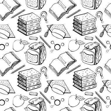 Beyaz arka plan üzerinde vektör dikişsiz okul deseni. Okul konuları, kitap, ders kitabı, evrak çantası, kalem, silgi, Apple, kap öğrenci el çizilmiş arka plan. Siyah beyaz çizgi çizimi.