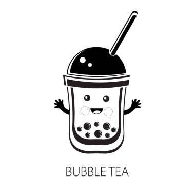 Sevimli kawaii karakter siyah Tapioca inci. Kabarcıkçayı. Top tapyoka veya boba Karikatür vektör illüstrasyon. Boba çayı, sütlü çay, Tayvan içeceği. Elle çizilmiş Doodle. Siyah beyaz.