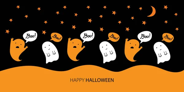 Halloween banner achtergrond. Vector cartoon oranje en zwart met set van vectorelementen voor Happy Halloween. Schattige geest zegt Boo tegen de sterrenhemel. Halloween verkoop belettering — Stockvector