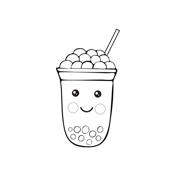 Niedlichen Kawaii Charakter schwarze Tapioka-Perlen. Bubble Tea isoliert auf weißem Hintergrund. Schwarz-weiße Zeichentrickvektorillustration von Ball Tapioka oder Bobby. Boba-Tee, Milchtee, taiwanesisches Getränk. — Stockvektor