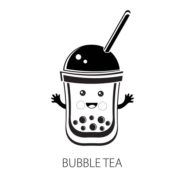 Sevimli kawaii karakter siyah Tapioca inci. Kabarcıkçayı. Top tapyoka veya boba Karikatür vektör illüstrasyon. Boba çayı, sütlü çay, Tayvan içeceği. Elle çizilmiş Doodle. Siyah beyaz.