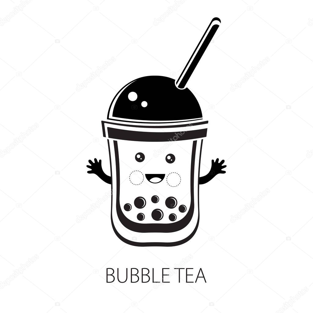 Cute kawaii character black Tapioca pearls. Bubble tea. Cartoon vector illustration of ball tapioca or boba. Boba tea, milk tea, Taiwanese drink. Hand drawn Doodle. Black and white. Asian product.