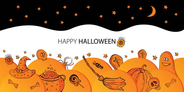 Fondo Banner Halloween Vector Dibujos Animados Naranja Negro Con Conjunto — Archivo Imágenes Vectoriales