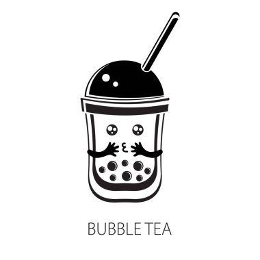 Sevimli kawaii karakter siyah Tapioca inci. Kabarcıkçayı. Top tapyoka veya boba Karikatür vektör illüstrasyon. Boba çayı, sütlü çay, Tayvan içeceği. Elle çizilmiş Doodle. Siyah beyaz.