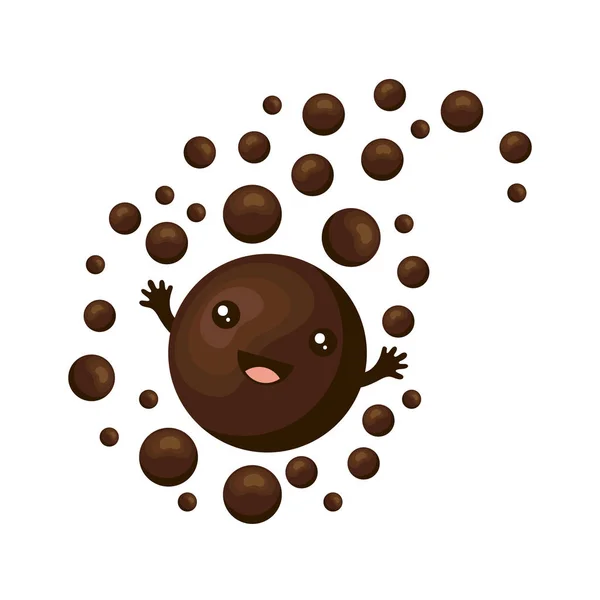 Kawaii chocolade in vector. Een ronde zwarte chocolade bal glimlacht en golven. Schattige kinderen s cartoon karakter. Melkchocolade. Geïsoleerd object — Stockvector