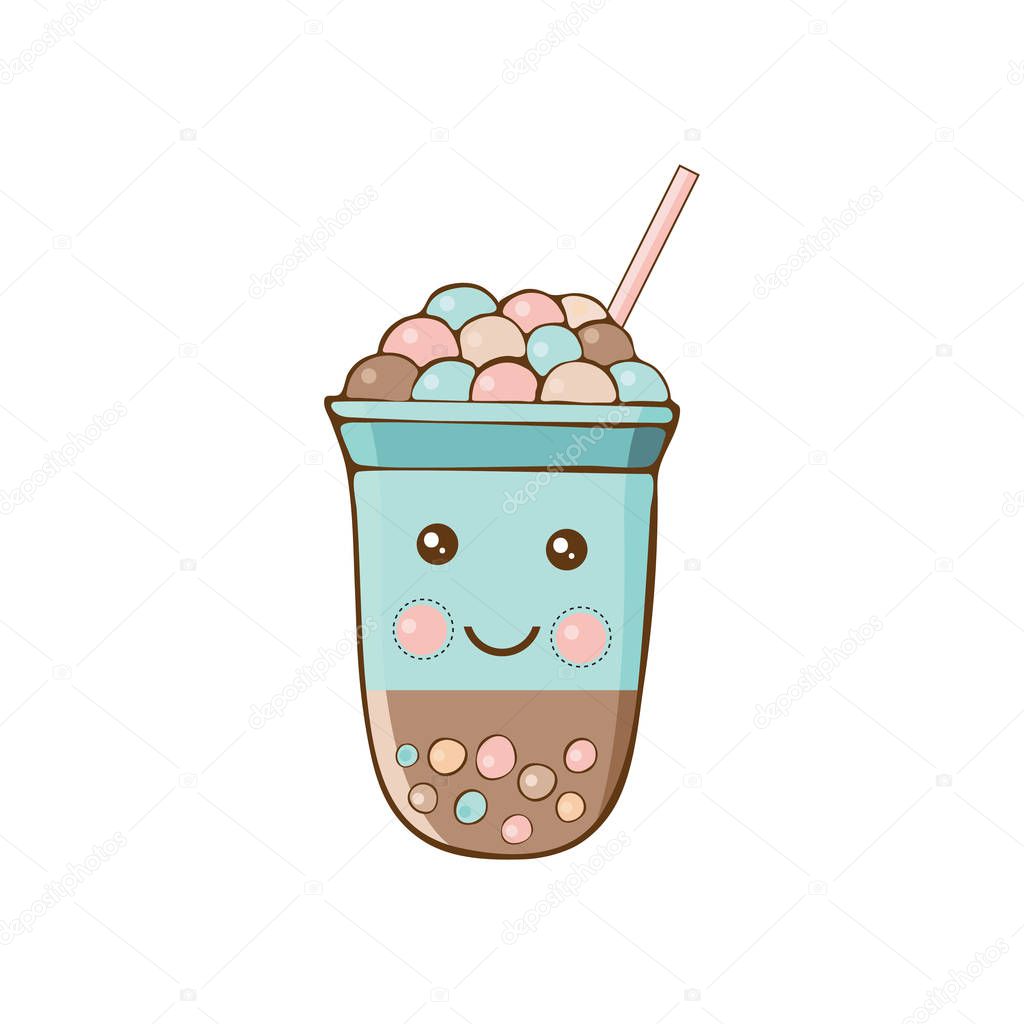 Cute kawaii character black Tapioca pearls. Bubble tea isolated on white background. Cartoon vector illustration of ball tapioca or boba. Boba tea, milk tea, Taiwanese drink. Hand drawn Doodle.