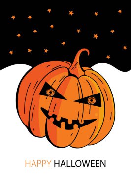 Vektör cadılar bayramı tebrik kartı. Cadılar Bayramı Partisi için sevimli doodle eğlenceli ve korkutucu turuncu kabak ve yıldız ve ay ile gece gökyüzü ile. Tebrik kartı, poster için elle çizilmiş illüstrasyon,