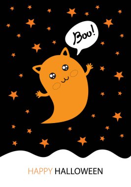 Vektör cadılar bayramı tebrik kartı. Cadılar Bayramı Partisi için sevimli doodle yıldız ve gökyüzünde ay arasında uçan sevimli bir Hayalet kedi ile. Hayalet boo diyor. Tebrik için elle çizilmiş illüstrasyon
